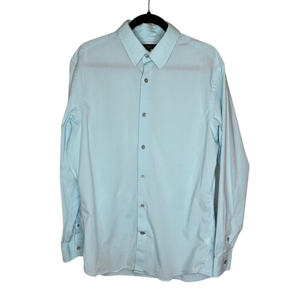 Banana Republic Dress Shirt Men 16 16.5 L Aqua Blue Slim Fit Stretch Long Sleeve